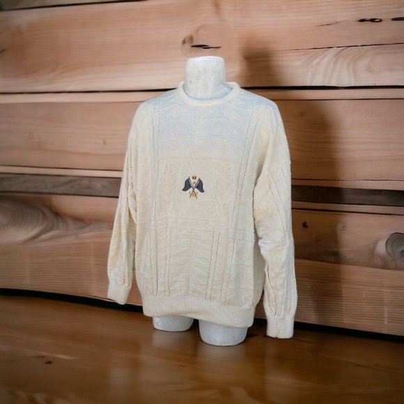 Vintage Mens Le TRICOT MARINE Ireland White Ribbed cotton Sweater Large Flags - Picture 1 of 13